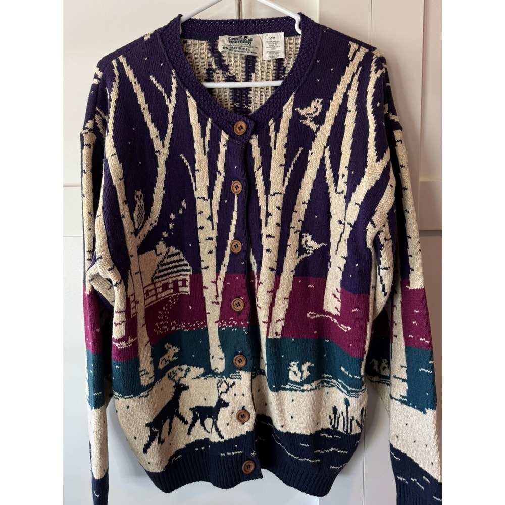 Northern Reflections Vintage Winter Scenic Birch Tree Cardigan Sweater Medium